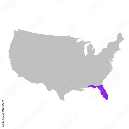 Vector map of the state of Florida highlighted highlighted in purple on map of United States of America.