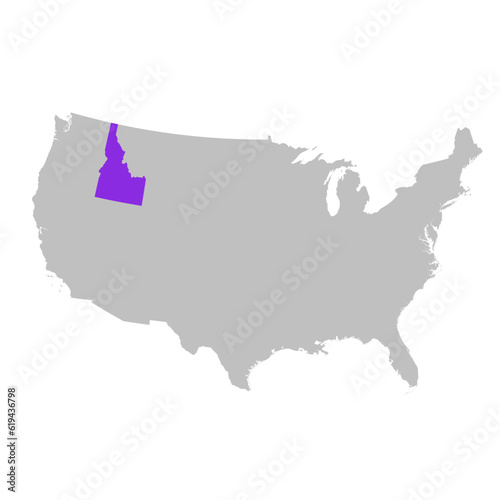 Vector map of the state of Idaho highlighted highlighted in purple on map of United States of America.