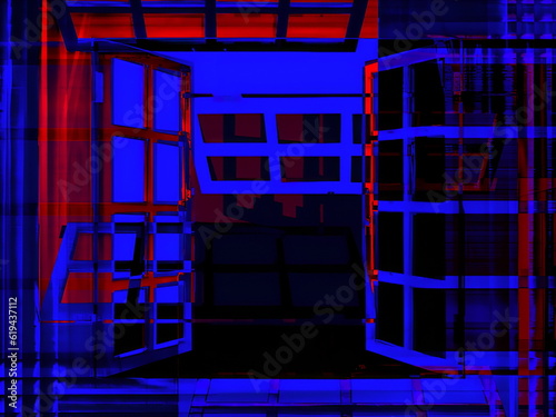 Abstract background in red and blue, with a spectacular rhythm and inserts. Surrealistic image in a modern style. For your art projects and works.