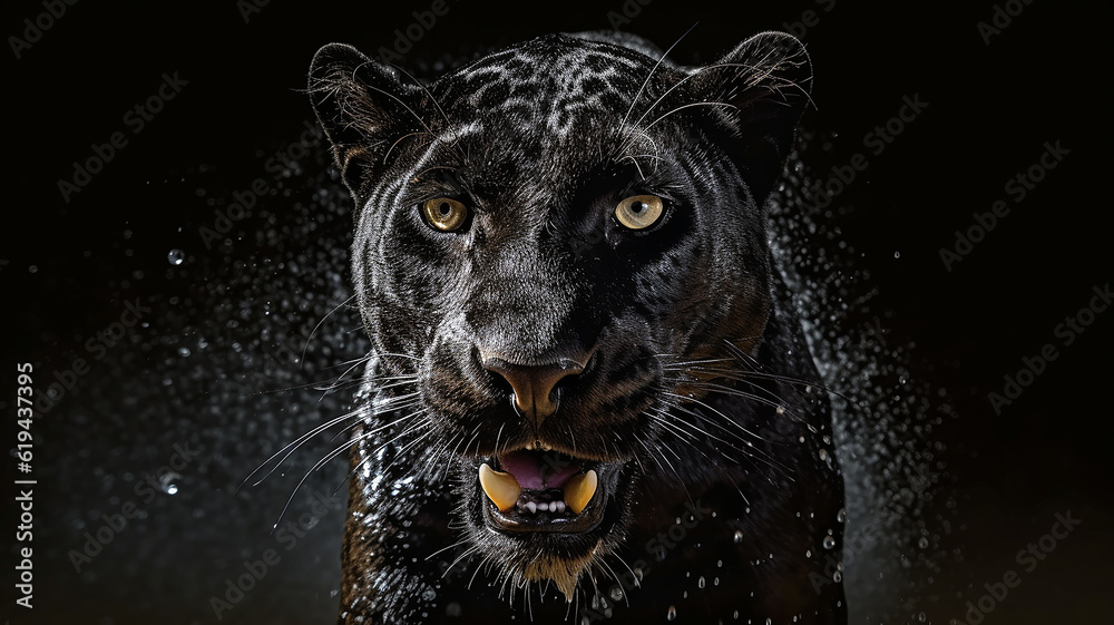 black panther runs in splashing water dynamic scene. Generative AI