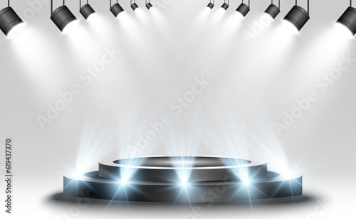 	
Podium, pedestal or platform, illuminated by spotlights in the background. Vector illustration. Bright light. Light from above. Advertising place
