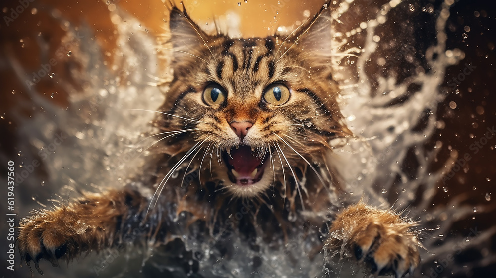 angry wet cat splashing water. Generative AI