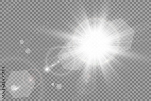 Special lens flash, light effect. The flash flashes rays and searchlight. illust.White glowing light. Beautiful star Light from the rays. The sun is backlit. Bright beautiful star. Sunlight.	
