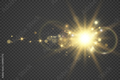 Special lens flash, light effect. The flash flashes rays and searchlight. illust.White glowing light. Beautiful star Light from the rays. The sun is backlit. Bright beautiful star. Sunlight.	
