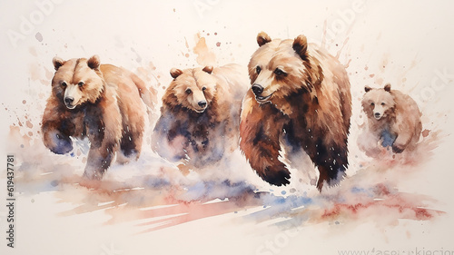 watercolor drawing of a group of bears running on a white background. Generative AI