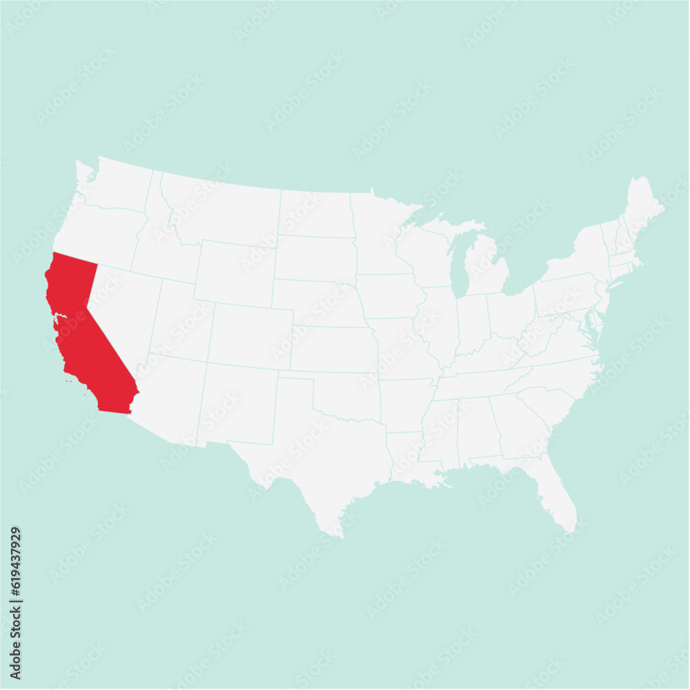 Vector map of the state of California highlighted highlighted in red on a white map of United States of America.