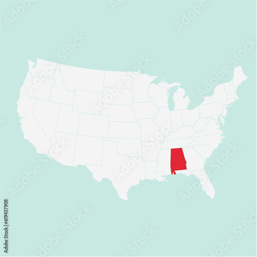 Vector map of the state of Alabama highlighted highlighted in red on a white map of United States of America.