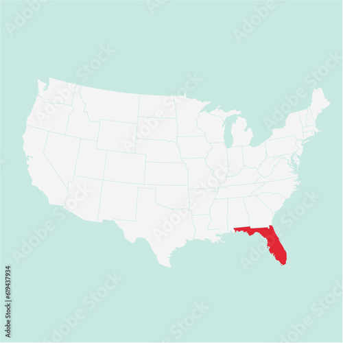 Vector map of the state of Florida highlighted highlighted in red on a white map of United States of America.
