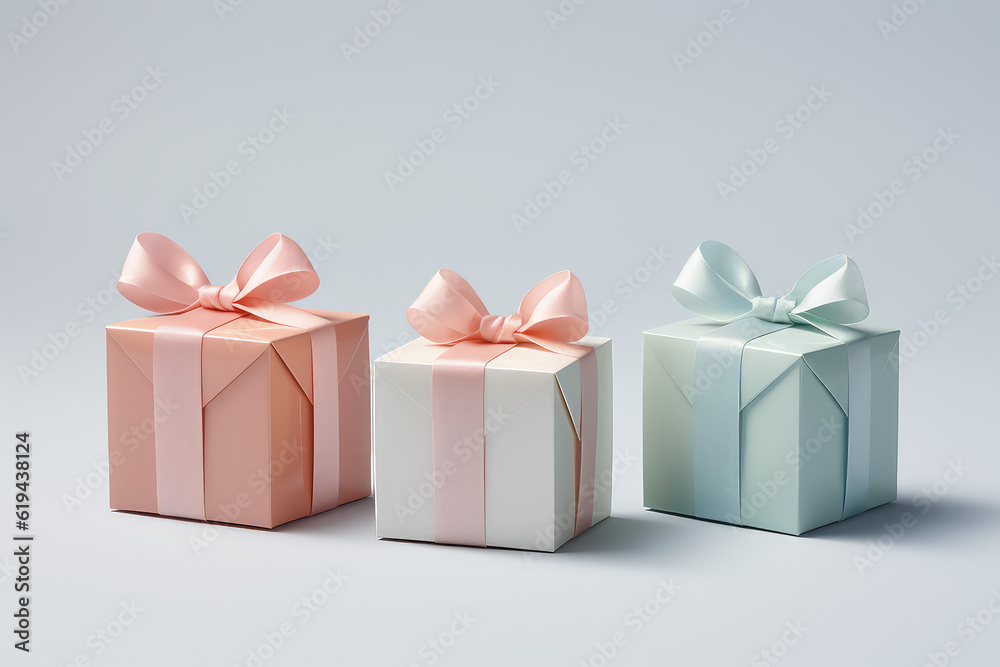 Obraz premium Small simple gift boxes with colored metallized ribbon bows. Delicate light pastel colors. Gift Coupon. Generative AI 3d illustration imitation.