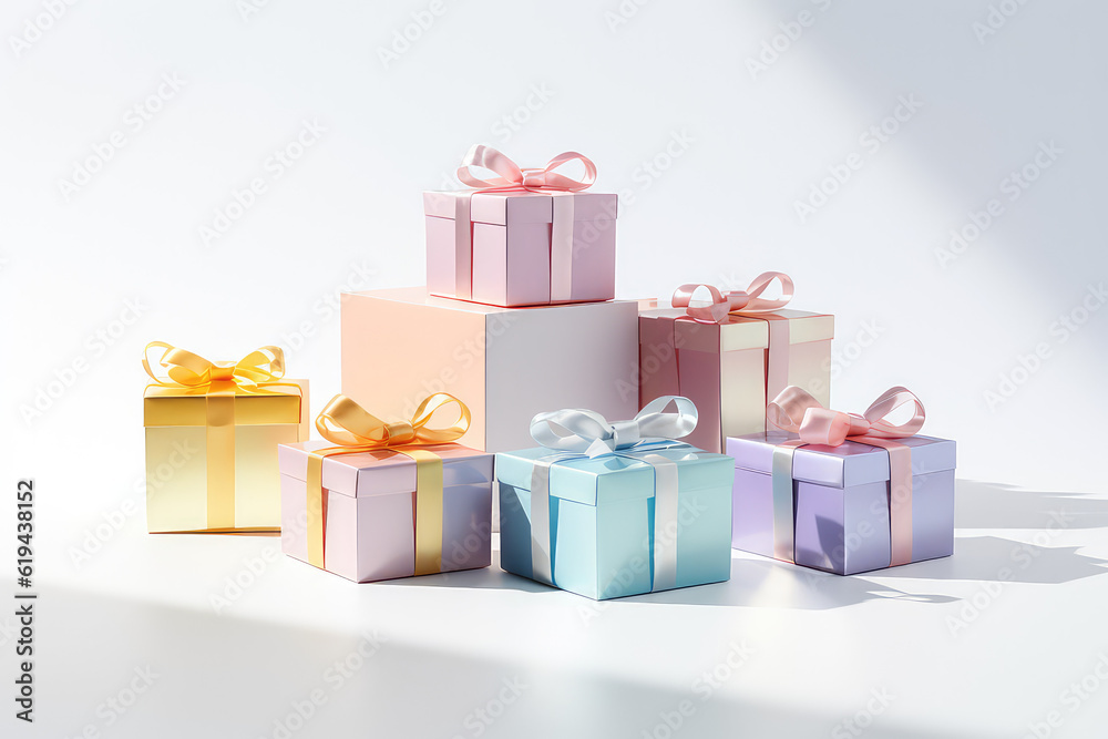 Lot of Small pretty gift boxes with colored metallized ribbon bows. Delicate light pastel colors. Gift Coupon. Generative AI 3d illustration imitation.