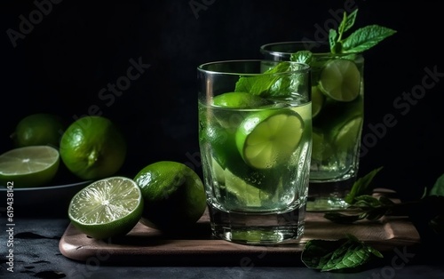 A refreshing glass of mojito with fresh limes and mint leaves. Generative AI