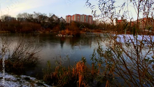 Lake half covered in ice with ducks