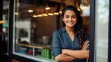 Successful Female Small Business Owner at Modern Fast Food Storefront. Generative AI