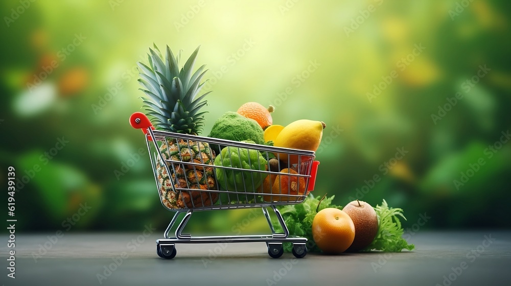 Shopping cart full of fruits 3d. Grocery trolley with handle filling by fruits. Pushcart from self-service shop