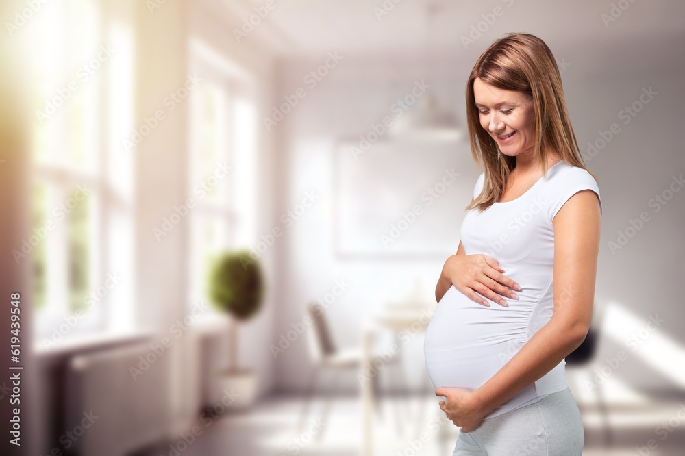 Portrait of young happy pregnant woman holding her belly Portrait of young happy pregnant woman holding her belly