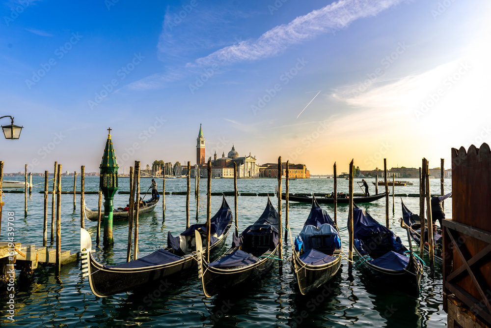 Gondole and San Giorgio island, Venice, Italy, Europe
