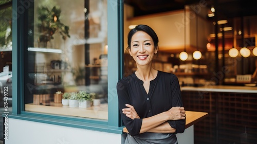 A confident female small business owner in front of a stylish coffee shop