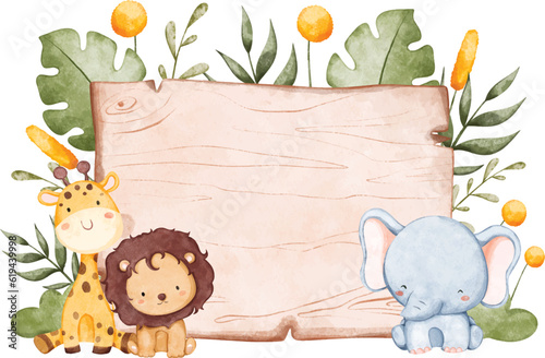 Watercolor illustration wooden board with safari animals