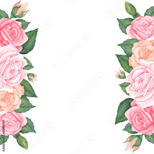 watercolor border of beautiful pink peach pastel roses with leaves. Hand drawn with a space for your text or photo.illustration for greeting cards or wedding invitations on isolated background.