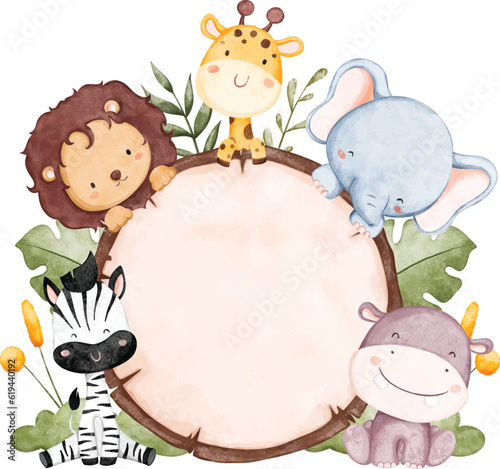 Photography Watercolor illustration wooden board with safari animals