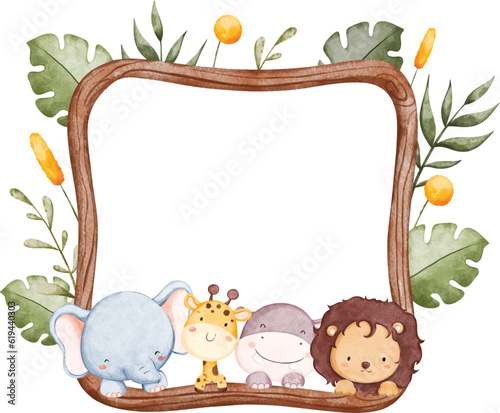 Photography Watercolor illustration wooden board with safari animals