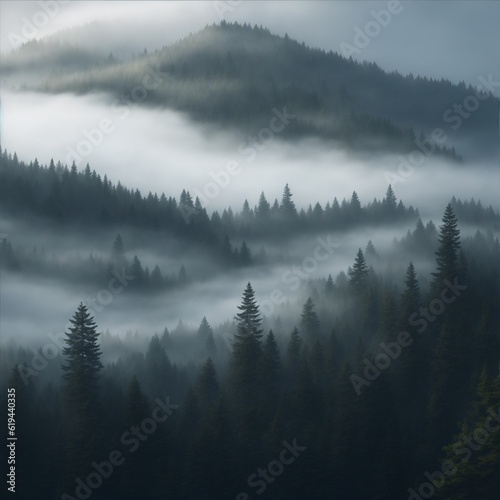 mountain peaks covered with dense coniferous forests, covered with a light fog