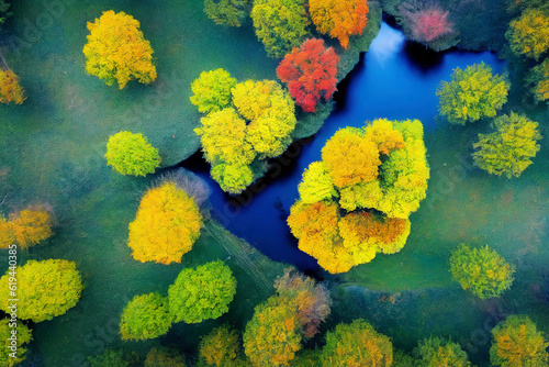 Beautiful autumn trees with yellow and orange leaves near a small lake. bird's eye view. AI-generated