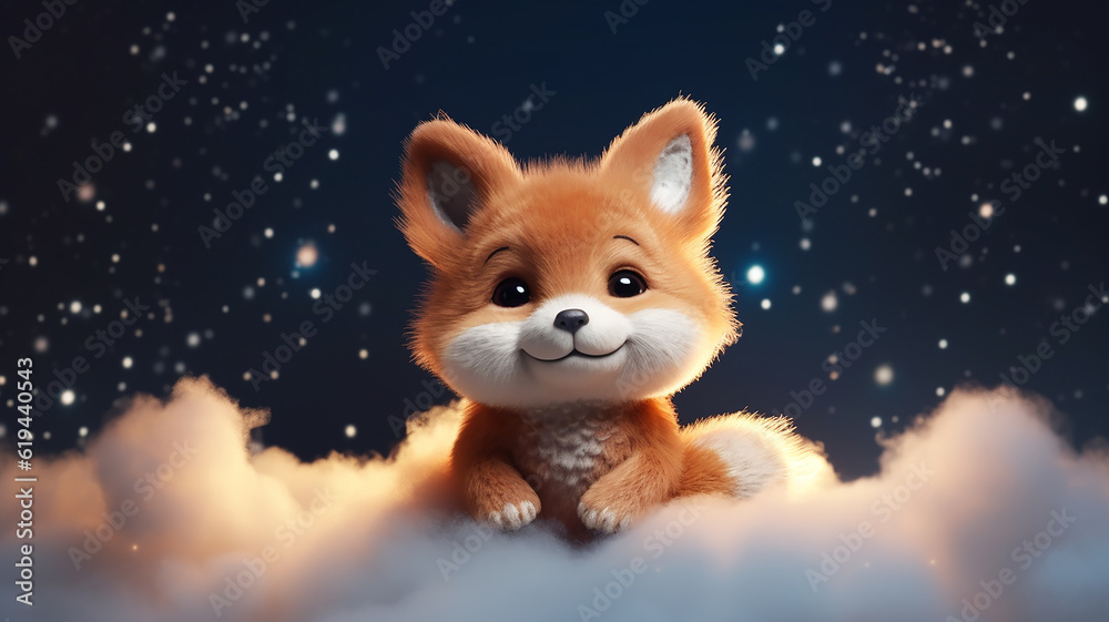 a baby fox cub sleeps on a cloud among the stars. Generative AI a baby fox cub sleeps on a cloud among the stars. Generative AI