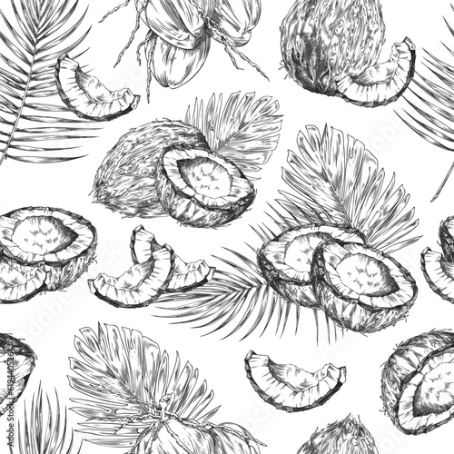 Seamless repeatable pattern with coconuts engraving vector illustration.