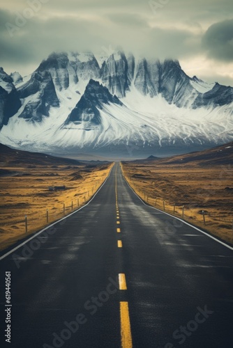 Photo of a scenic road with majestic mountains in the distance .generative ai