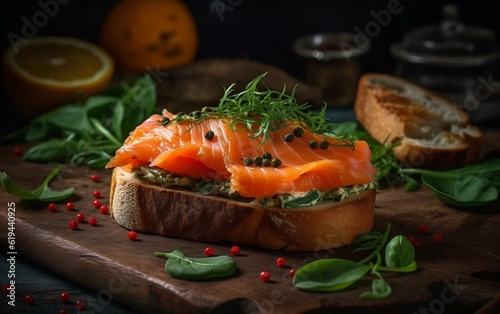 A delicious salmon and cheese sandwich on a rustic cutting board. Generative AI