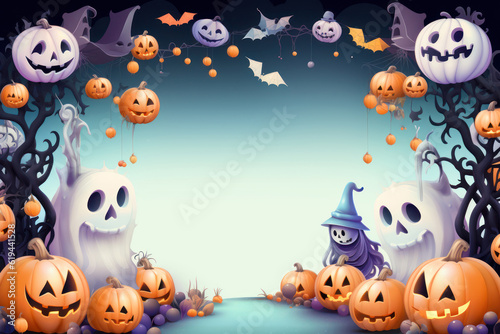 3D Halloween banner or party invitation background Full moon in orange sky, spiders web and witch cauldron.