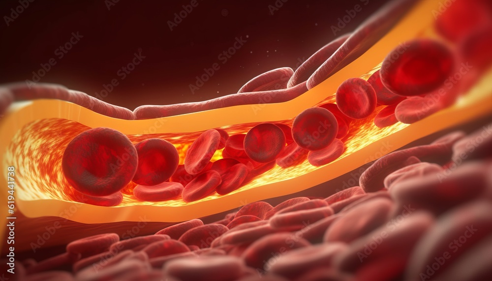 clogged arteries with cholesterol plaque, artery with blood flow