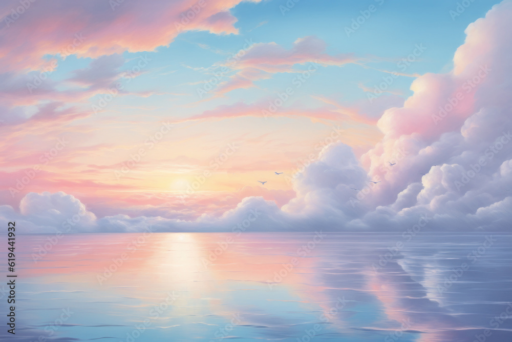 Beautiful pastel tone color sky reflection on water with sunlight.