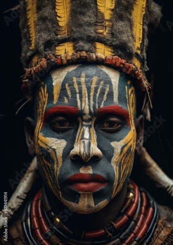 Photo of a man wearing a vibrant, painted headdress and face paint .generative ai