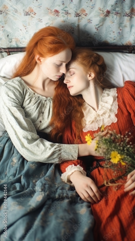 Photo of two women with red hair lying together in bed .generative ai