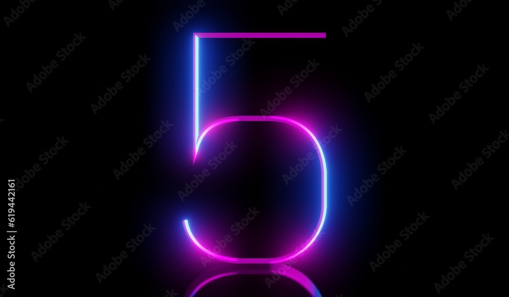5 - ultraviolet neon number on black background - 3D illustration