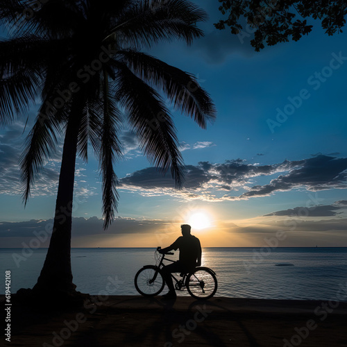 a man sitting on his biycycle, under a palm tree, looking out to sea, at dusk. pondering the future