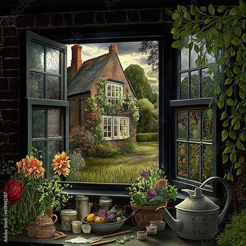 A kitchen window scene, with potted flowers on the windowsill, and a view through the open window of a red brick house, with flowering climbers.