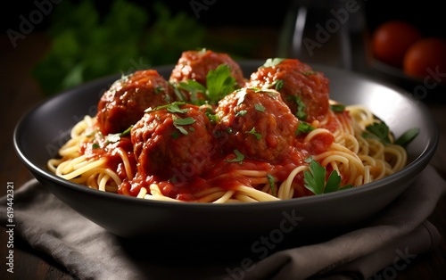 A plate of spaghetti with meatballs and tomato sauce. Generative AI