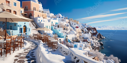 A group of tables and umbrellas on a cliff overlooking the ocean. Generative AI. Imaginary greek village in Santorini island in winter under snow.
