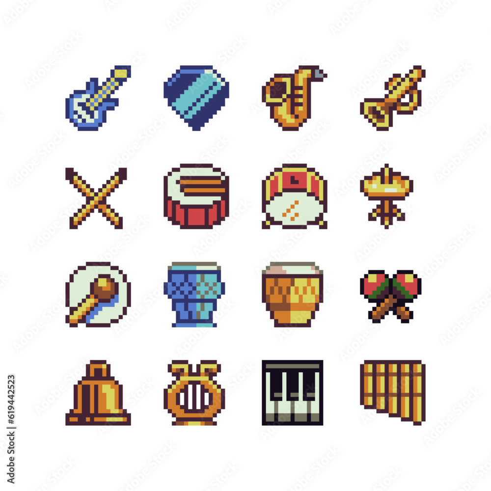 Musical instrument emoji, pixel art icons set. Treble clef, lyre, piano, guitar, saxophone