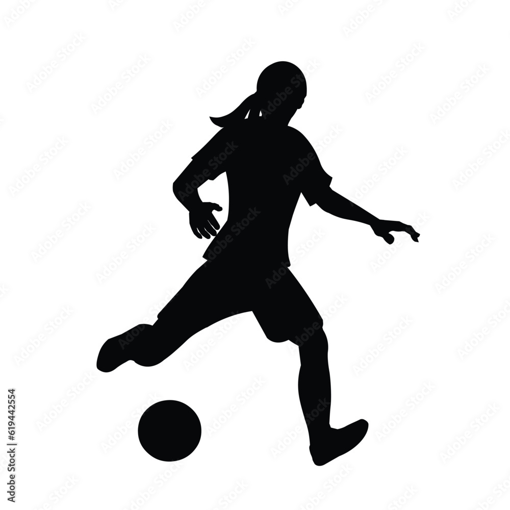 Vector isolated silhouette of a girl football player running and dribbling at the championship or training Vector isolated silhouette of a girl football player running and dribbling at the championship or training