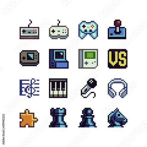 8 bit desk computer games sport toys icons. Design for logo game, sticker, web, mobile app, badges and patches. Isolated pixel art vector illustration. Game assets. © thepolovinkin