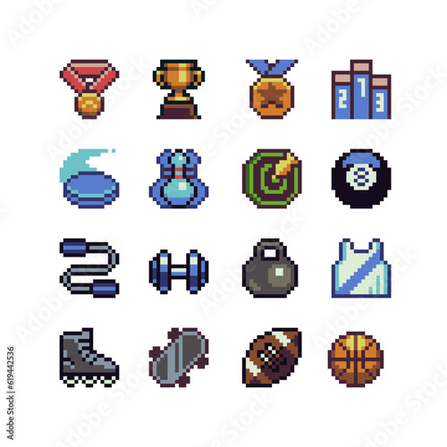 Sport pixel art style icons set, emoji. Achievement logo. 8-bit sprite. Design for logo game, sticker, web, mobile app, badges and patches. Isolated vector illustration. Game assets.