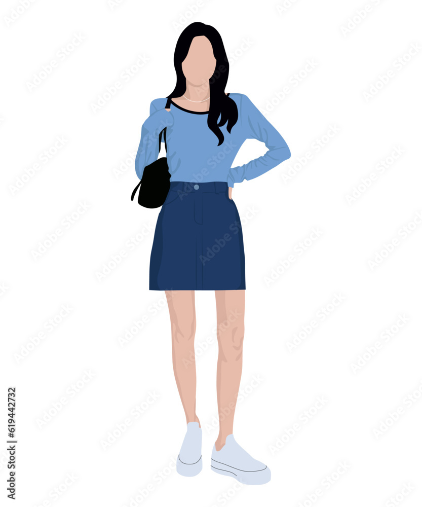 Beautiful and cute girl in stylish and fashionable clothes on a white background. Vector illustration in a flat style. Beautiful and cute girl in stylish and fashionable clothes on a white background. Vector illustration in a flat style.