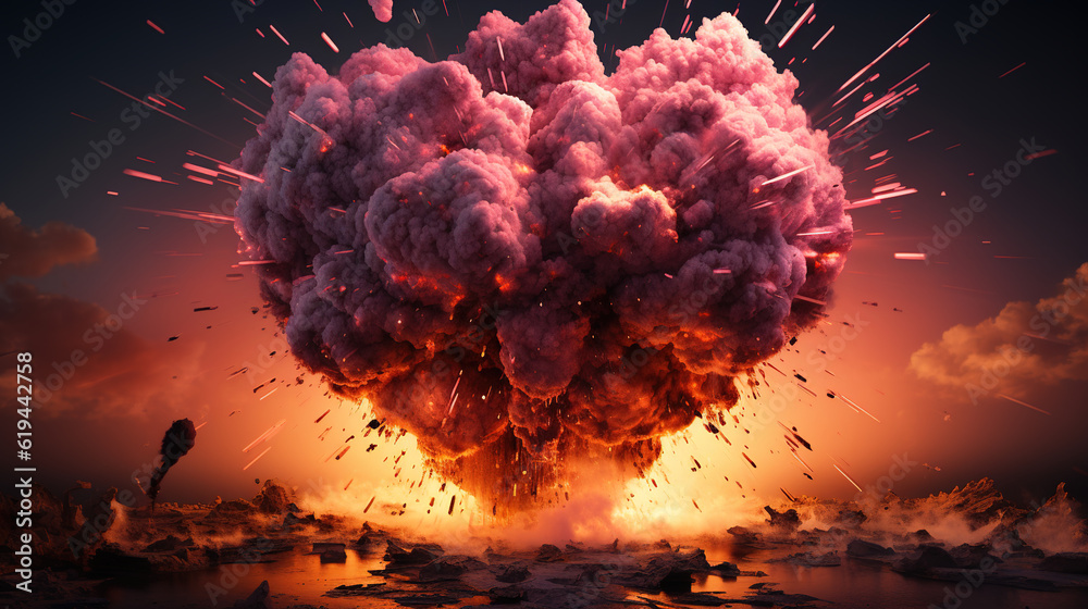 atomic explosion in the shape of a heart, created with Generative AI - obrazy, fototapety, plakaty 