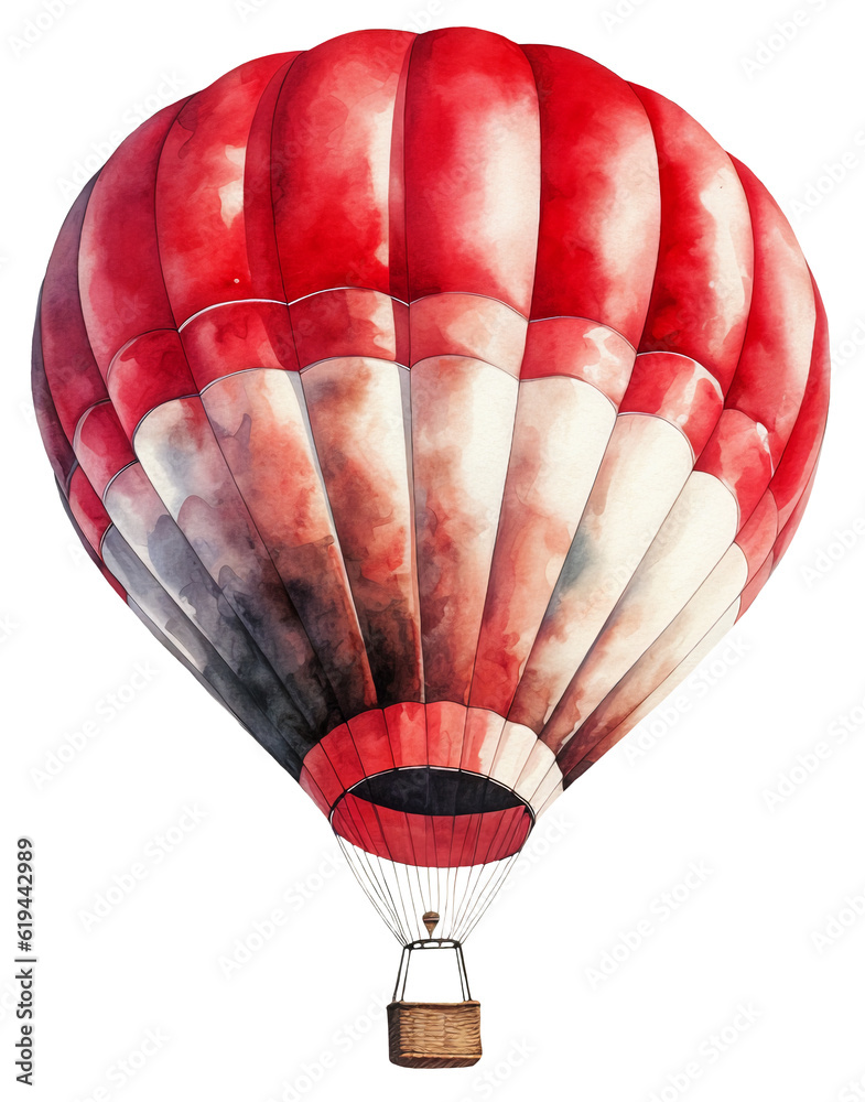 Naklejka premium Watercolor illustration of a red and white hot air balloon. Ai illustration. Transparent background, png
