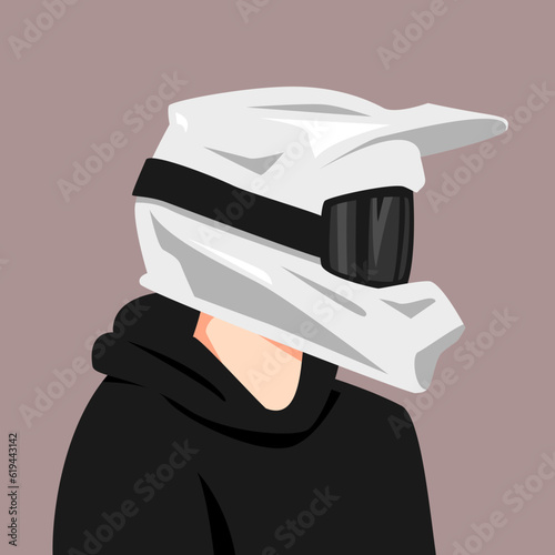portrait of a man wearing a motocross rider helmet and wearing a sweater. side view. suitable for avatar, social media profile, print, etc. flat vector graphic.