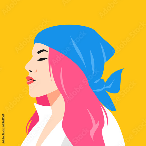 portrait of a woman wearing a bandana. looks like a pirate. summer. suitable for avatars, social media profiles, print, etc. flat vector graphics.